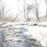 Snow-covered riverbank with bare trees and a flowing stream bordered by rocks and patches of yellow leaves